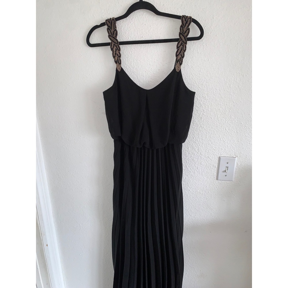 Bisou Bisou Black Beaded Strap Pleated Maxi Dress V-Neck Blouson Evening Gown - Picture 1 of 7
